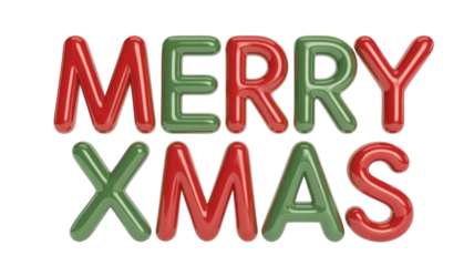 3D glossy red and green balloon letters spelling 'MERRY XMAS' on a solid background, perfect for festive holiday greetings and designs. background removed