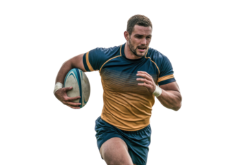 A determined male rugby player in a blue and gold uniform runs with the ball, focused on the game. Dynamic athletic action. background removed