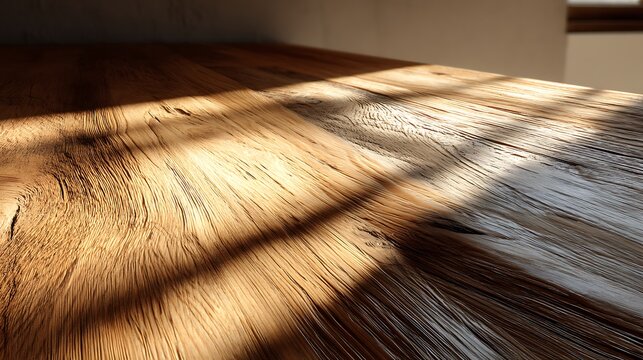 Natural sunlight gradient on oak wood surface with soft warm tones and large negative space, creating modern clean background for presentation or product branding concept