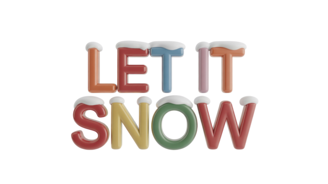 Colorful 3D "LET IT SNOW" text with white snow caps, rendered playfully on a solid dark transparent background, perfect for winter themes. background removed