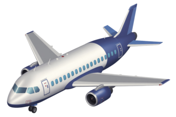 A stylized white and blue passenger jet airplane with two engines, depicted against a solid transparent background, ready for flight. background removed