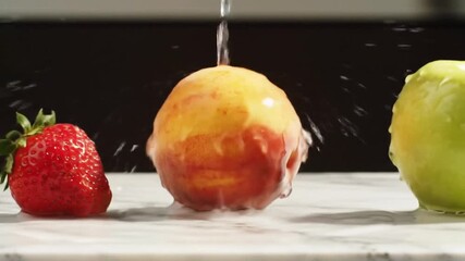 A strawberry, a peach being washed with water, and a green apple on a marble surface. - Powered by Adobe