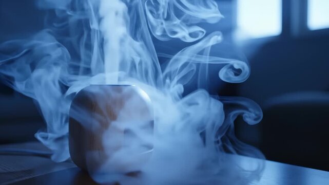 Aroma Diffuser Releasing Fragrant Vapor in Slow Motion, Cozy Indoor Setting