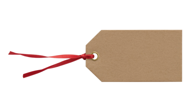 A blank brown kraft paper gift tag featuring a vibrant red ribbon threaded through a brass eyelet, ready for customization. background removed