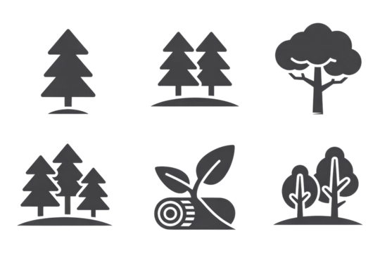 A collection of six monochrome icons depicting various trees, forests, and a sprouting plant on a log, ideal for nature themes. background removed