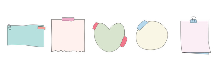 Pastel Sticky Note Collection with Heart and Circle Shapes Featuring Tape and Clip Designs