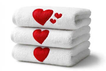 Elegantly embroidered heart design towels set for romantic bathroom decor and valentine's day gift ideas on white background