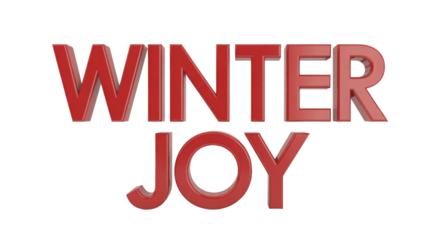 Vibrant red 3D text spells out 'WINTER JOY' against a clean, solid transparent background, evoking holiday spirit and seasonal cheer. background removed