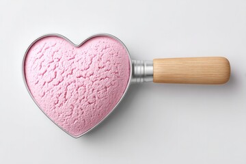 Heart shaped ice cream scoop with pink ice cream for valentines day on white background