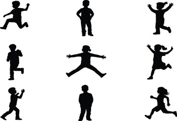 Child silhouette, playful pose, black graphic, vector illustration, running stance, jumping gesture, standing figure, active movement, youth icon, energyChild silhouette, playful pose,