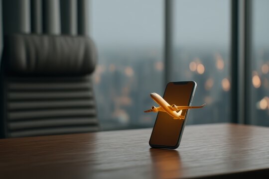 air freight delivery tracking. Smartphone displaying a flying airplane model in a modern office setting.