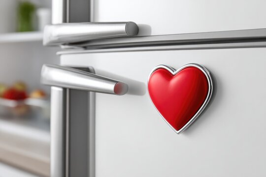 Heart shaped magnet on white fridge door for valentines day decoration theme