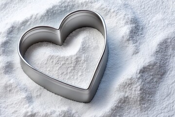 Heart-shaped metal cookie mold on flour surface for valentine’s day baking inspiration
