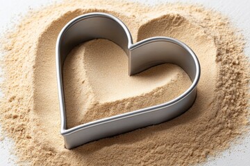 Heart-shaped metal cookie mold on flour surface for valentine baking and pastry designs