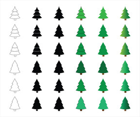 A versatile set of Christmas tree icons showing multiple styles flat color, thin-line gradient fill, negative space, and silhouette variations, ideal for holiday designs, greeting cards UI graphics