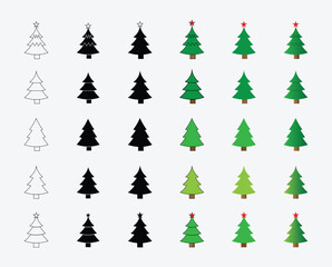 A versatile set of Christmas tree icons showing multiple styles flat color, thin-line, gradient fill, negative space and silhouette variations, ideal for holiday designs, greeting cards, UI graphics, 