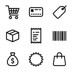 Shopping icons including cart, credit card, tag, box, receipt, barcode, money bag, starburst