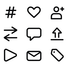 Social Media Icons Hashtag Heart Add User Arrows Speech Bubble Upload Play Envelope Tag vector