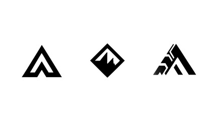 Set of three abstract geometric mountain peak logos in black and white, ideal for modern branding, corporate identity, and adventure-themed designs