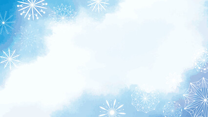 Winter snowy universal horizontal banner. Delicate blue watercolor background with silhouettes of delicate snowflakes and copy space. Vector graphic