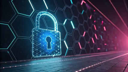 A futuristic digital lock is displayed on a hexagonal-patterned wall, illuminated by neon lights, suggesting themes of security and technology.