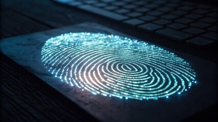 A glowing digital fingerprint displayed on a surface, symbolizing security and technology.
