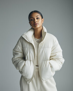 model in white puffer jacket looking directly into camera, calm confident expression, neutral studio backdrop