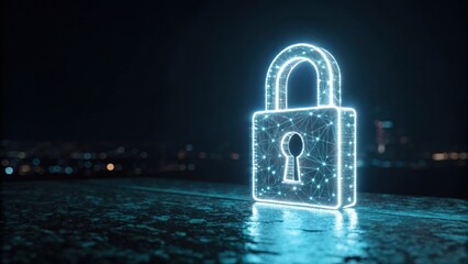 A glowing digital padlock symbolizes cybersecurity and data protection against a dark, city skyline backdrop.