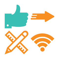 A graphic with four distinct icons: a thumbs up, an arrow, a pencil and ruler, and a Wi-Fi symbol.