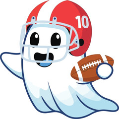 Cute ghost character playing american football with helmet and ball isolated on transparent background