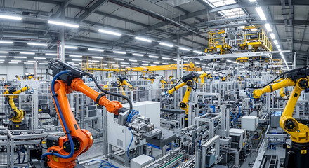 Automated Manufacturing: A Factory Floor with Robotic Arms Conducting Precision Assembly in a High-Tech Automotive Production Facility for Industry 4.0