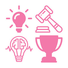 A collection of four stylized pink icons: a glowing lightbulb, a gavel and sound block, a brain inside a lightbulb, and a trophy.