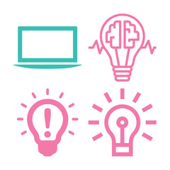 A collection of four icons representing technology, brainpower, and creative ideas, presented in a clean, modern style.