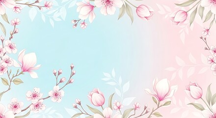 Delicate pink cherry blossom and magnolia branches frame a soft gradient background, evoking spring beauty and renewal for invitations or design.