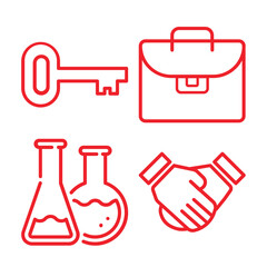 Four distinct icons in red outline: a key, a briefcase, two flasks, and a handshake, symbolizing success, work, science, and partnership.