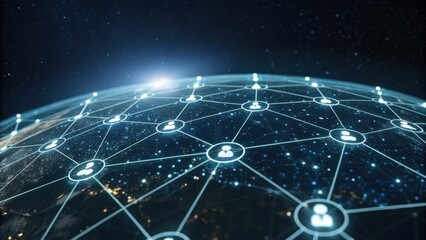 A digital representation of a connected network over a globe, showcasing nodes and lines against a cosmic background, illustrating global connectivity.