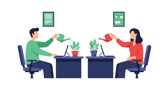 Male and female colleagues nurturing plants at their desks, a metaphor for growing a business, teamwork, and a healthy work environment. - Powered by Adobe