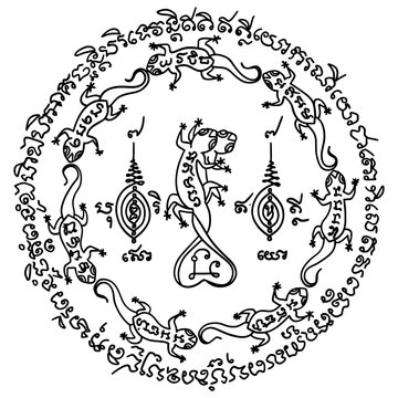 Jing Jok Nopakao Nine-Tailed Gecko Sak Yant tattoo with Khmer script. Thai sacred yantra for wealth and fortune in circular design. 