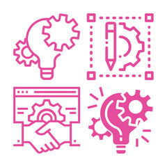 A set of four pink gradient icons depicting a lightbulb with gears, a pencil and gears within a frame, hands shaking over a browser window with gears, and a lightbulb with gears and radiating lines.