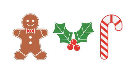 Christmas motifs gingerbread man holly candy cane isolated on white