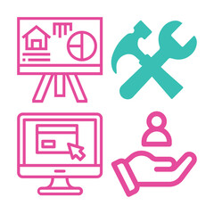 Four distinct icons depict architectural plans, tools, a computer interface, and a helping hand with a person symbol.