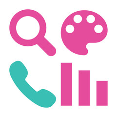 A collection of four simple, flat icons in pink and teal, depicting a magnifying glass, a paint palette, a telephone handset, and a bar graph.