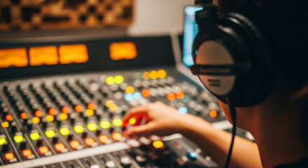 Close-up of Music Producer Mixing Tracks on Soundboard with Headphones in Professional Recording Studio: Focus on Music Creation, Audio Engineering, and Creative Work