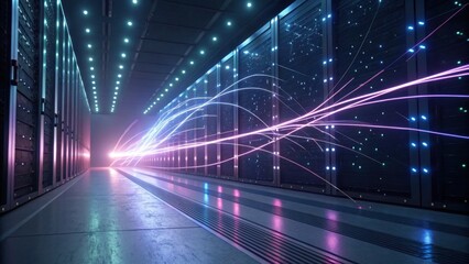 A futuristic data center corridor illuminated with vibrant lights, showcasing server racks and dynamic pathways of energy.