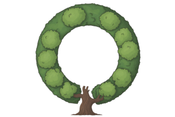 Stylized illustration of a tree with a crown of lush green bushes forming a circular arch, perfect for game assets or decorative elements. background removed