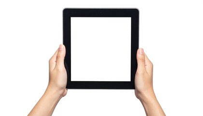 A pair of hands holding a black device with a blank white screen, isolated on a white backdrop