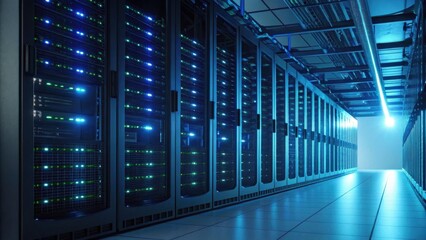 A modern data center filled with high-tech servers, illuminated by blue lights, showcasing advanced technology infrastructure.