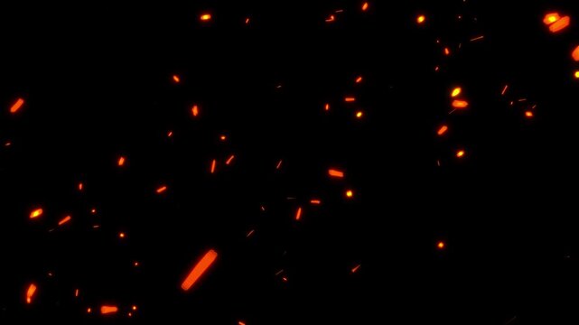Bonfire Sparks and Glowing Embers Fire Particles with Smoke and Ashes &ndash; 4K Fiery Overlay Animation on Black Background for Realistic Hot Flame Visual Effects.