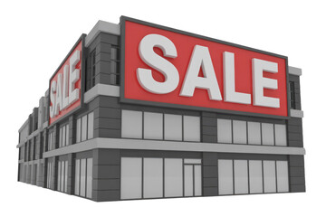 Obraz premium 3D rendered modern building featuring large 'SALE' signs on its dark gray facade, ready for retail promotions. background removed