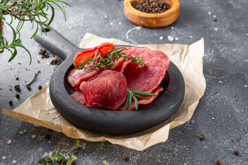 Cold smoked meat, pork chops on gray background